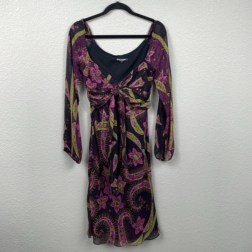 Vintage Betsey Johnson Black Label Floral Long Sleeve Tie Front Dress Y2K Sz 8 - Picture 2 of 12